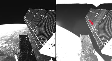 Sentinel-1A’s solar array before and after the impact of a millimetre-size particle.