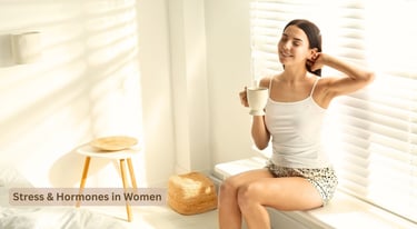 A relaxed woman drinking tea by a window, illustrating stress and hormones in women.