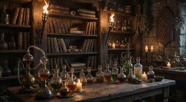 Medieval alchemist laboratory with potion bottles, old books, and lit torches on a rustic wooden table.