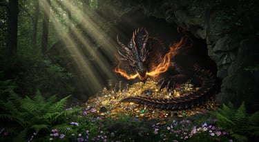 A fierce black dragon guarding a massive gold treasure pile inside a dark cave with sunlight rays.