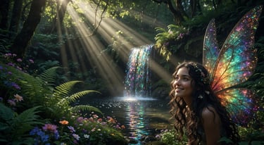 Magical fairy with glowing rainbow wings smiling in a sunlit forest by a sparkling waterfall.