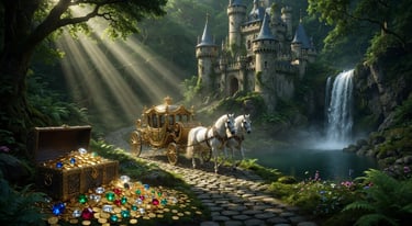 A golden horse-drawn carriage sits near a treasure chest of jewels and a fairy tale castle with a waterfall.