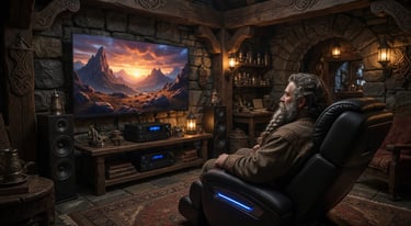 A dwarf in a rustic stone den watching a mountain sunset on a large smart TV from a modern recliner.