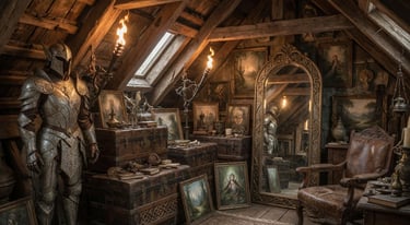 Medieval fantasy attic room with knight armor, vintage trunks, and oil paintings lit by torches.