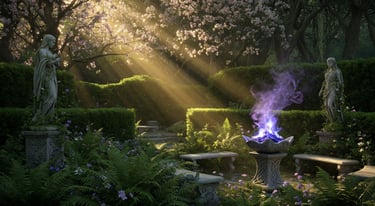 Magical garden with glowing purple fire, stone statues, and sunbeams hitting flowering trees and stone benches.