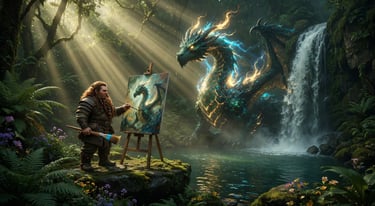 A fantasy dwarf artist paints a glowing blue dragon portrait in a lush jungle with a waterfall.