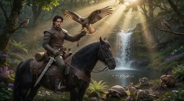A medieval ranger on a black horse holds a hawk in a lush forest with a waterfall and woodland animals.