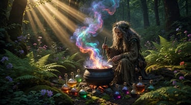 A mystical witch brewing a potion in a bubbling cauldron with colorful magic smoke in a sunny forest.