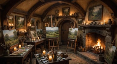 Cozy rustic art studio with landscape oil paintings on easels by a warm stone fireplace.