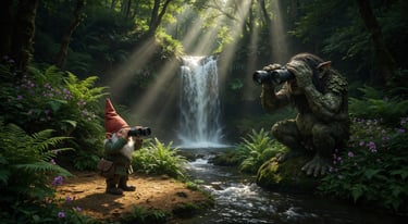 A garden gnome and a forest troll use binoculars near a magical waterfall in a sunlit fantasy jungle.