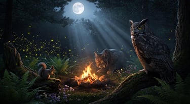 An owl, bobcat, and squirrel gather around a campfire in a moonlit forest with fireflies.