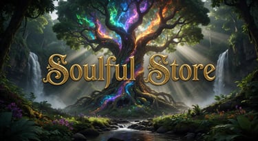 Magical glowing tree of life with colorful energy between waterfalls for Soulful Store branding.