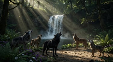 A pack of wolves howling in a sunlit forest near a cascading waterfall with sunbeams.
