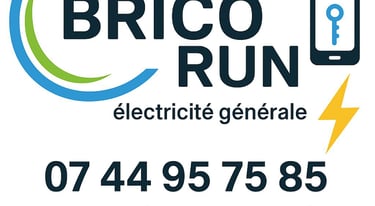 Brico Run logo for general electricity services, featuring a power plug, smart home icons, and contact details.