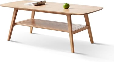 Solid Oak Wood Coffee Table – Double Storage Modern Bohemian Coffee Table for Living Room
