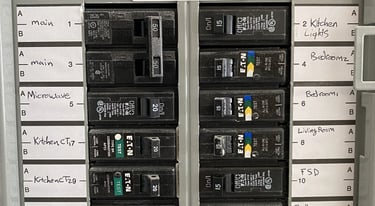 electric panel with labeled breakers