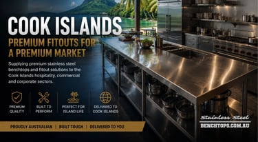 Heavy-duty commercial island prep table and stainless steel Benches Cook Islands.