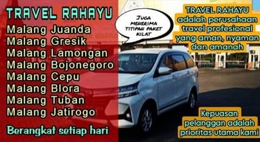Travel Rahayu banner offering daily shuttle services and package delivery from Malang to Juanda and Gresik.