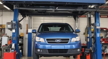 A small automotive repair shop with a distinctive red and white facade, located on a quiet street. The building is one story with large glass windows and a sign displaying the name of the business. A black car is parked in front of one of the garage doors. Tree-lined streets with houses are visible in the background, bathed in the soft light of late afternoon.