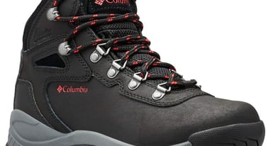 black hiking boot for women with red and black laces