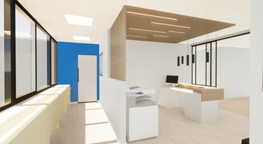 Espace d'accueil d'un bureau aménagé avec une structure sur-mesure en bois