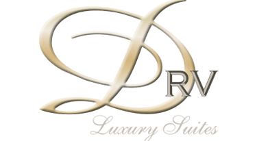 Elegant DRV Luxury Suites logo with a gold script D and silver RV text on a black background.