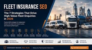 Fleet insurance SEO infographic showing commercial vans and trucks in London skyline with strategies
