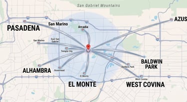 Service map: Acupuncture in Arcadia, Pasadena, and San Gabriel Valley.