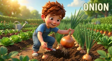 Cartoon boy harvesting a large yellow onion in a sunny vegetable garden for kids.
