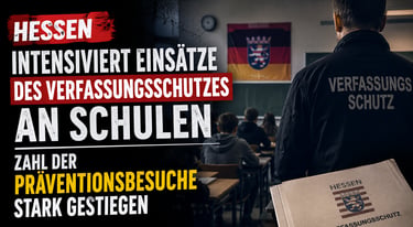 Verfassungsschutz officer in a Hessen school classroom with a German flag, illustrating increased prevention visits.
