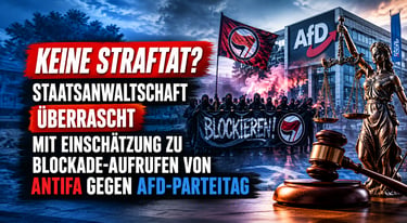 Protesting Antifa activists block an AfD party congress while Lady Justice holds scales near German text.