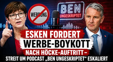 Saskia Esken and Björn Höcke featured in a political podcast debate thumbnail about advertising boycotts.