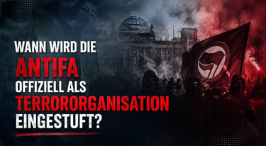 Political graphic showing masked Antifa protesters with flags in front of the Reichstag building in Berlin.