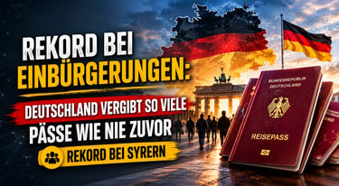German citizenship record news banner featuring a Reisepass, Brandenburg Gate, and German flag.