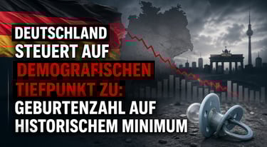 Graphic showing a falling birth rate chart over Germany's map with a pacifier and the Berlin skyline.