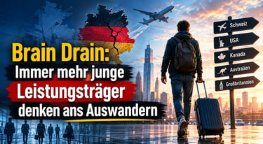 Young traveler with suitcase at airport representing German brain drain and emigration to countries like USA and Canada.