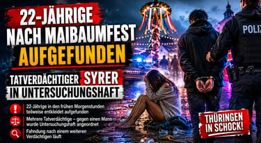 Dramatic news graphic showing a police arrest and a distraught woman after a Maibaumfest incident in Thuringia.