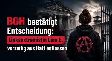 A woman in an anarchy hoodie stands before the Federal Court of Justice regarding the Lina E. verdict.