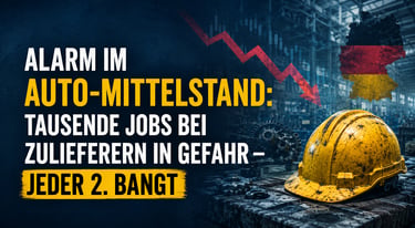 Infographic about German automotive industry job losses featuring a yellow hard hat and a declining red arrow.
