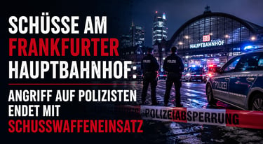 Deutsche Polizisten und Streifenwagen am Frankfurter Hauptbahnhof nach einem Schusswaffenvorfall.