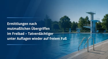 Deutsche Nachrichtenschlagzeile über einem Freibad mit Sprungturm und blauem Wasser.