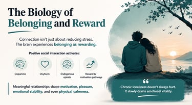 Infographic on the biology of belonging showing how social connection activates dopamine and oxytocin in the brain.
