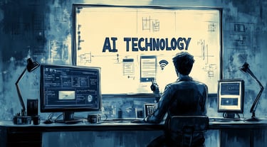 a man sitting at a desk with a laptop and a computer