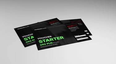 zdjęcie trzech Voucherów Starter o kwocie 390 PLN 95 EUR w Wiesławski Studio wraz z opisem korzyści