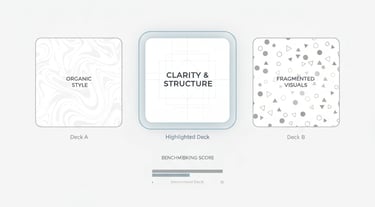 Investor-style comparison of pitch decks focusing on clarity and differentiation rather than design.