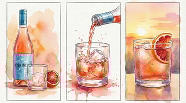 Boceto de preparación de cóctel con vino rosado Cola de Gallo, naranja sanguineli y hielo