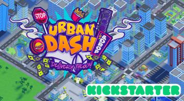 a city street scene with a street sign that says urban dash with a kickstarter logo