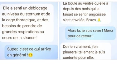Capture d'écran de témoignages clients positifs après une séance de bien-être et de relaxation.