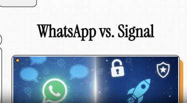 A comparison graphic of WhatsApp vs. Signal messaging apps showing security icons and chat bubbles.