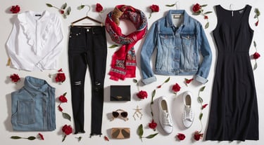 a variety of clothes and accessories for a woman's wardrobe